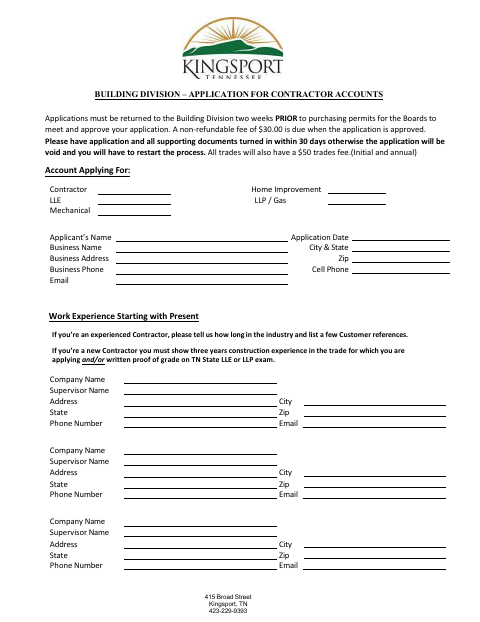 First page of the Application for Contractor Accounts