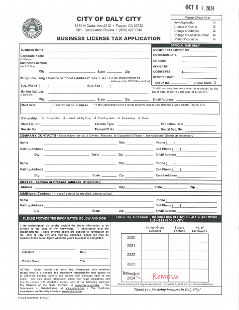 First page of the Business License Tax Application