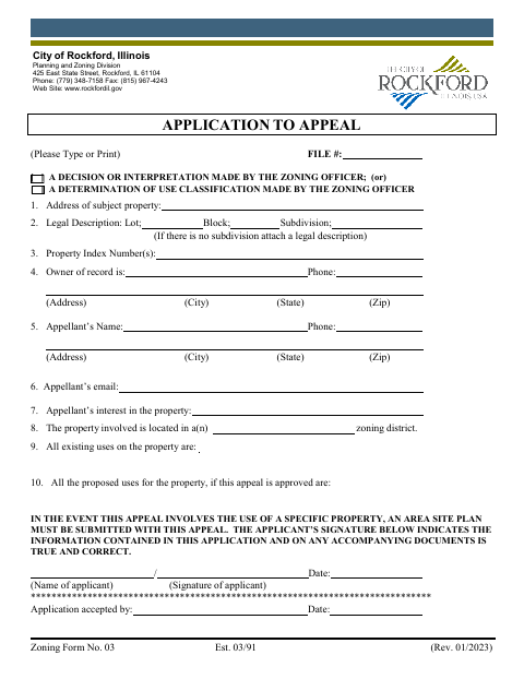 First page of the Application to Appeal a Zoning Officer Decision
