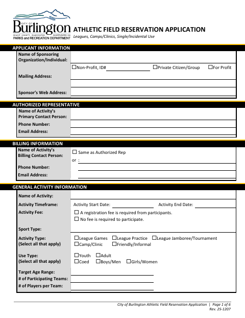 First page of the Athletic Field Reservation Application