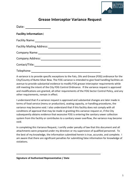 First page of the Grease Interceptor Variance Request