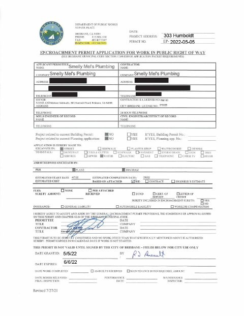 First page of the Single-Family Sprinkler Encroachment Permit Application