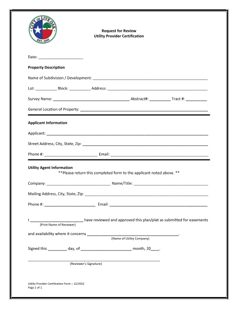 First page of the Utility Provider Certification Form