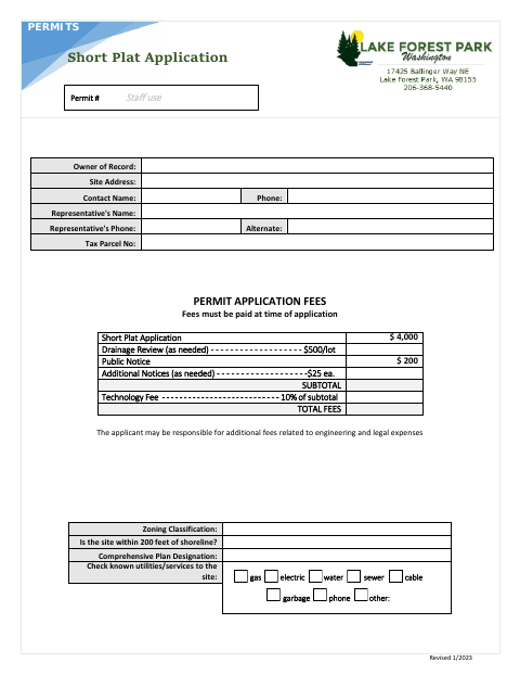 First page of the Short Plat Application
