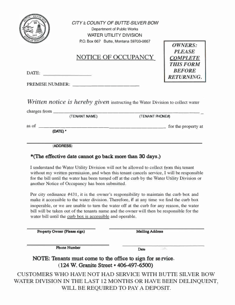 First page of the Notice of Occupancy