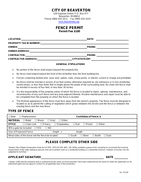 First page of the Fence Permit