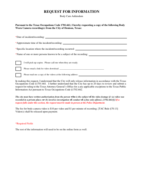 First page of the Body Cam Request Form