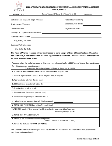 First page of the Application for Business, Professional and Occupational License