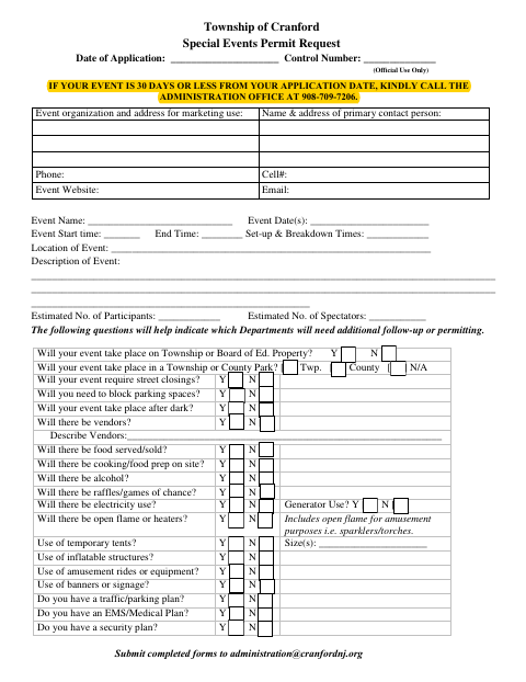 First page of the Special Events Permit Request