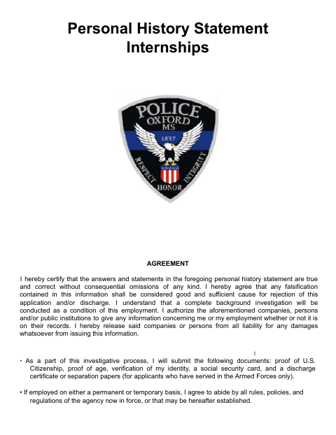 First page of the Police Internship Application