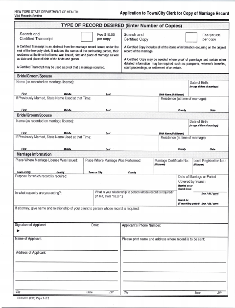 First page of the Application for Copy of Marriage Record