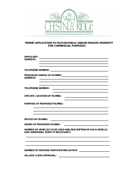 First page of the Permit Application to Film on Public and/or Private Property for Commercial Purposes