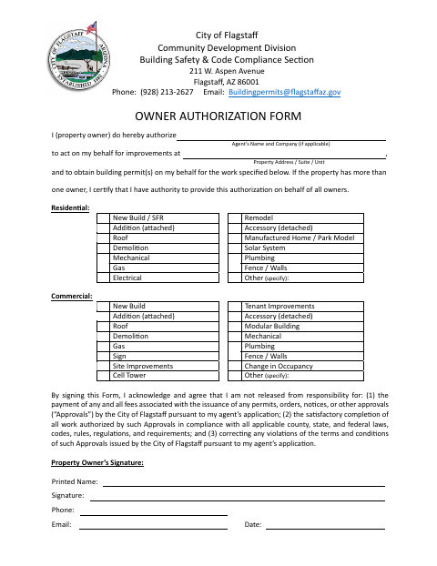 First page of the Owner Authorization Form