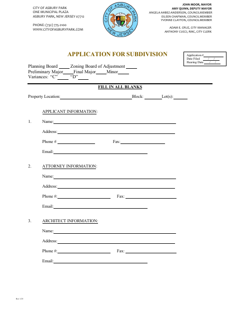 First page of the Subdivision Application and Checklist