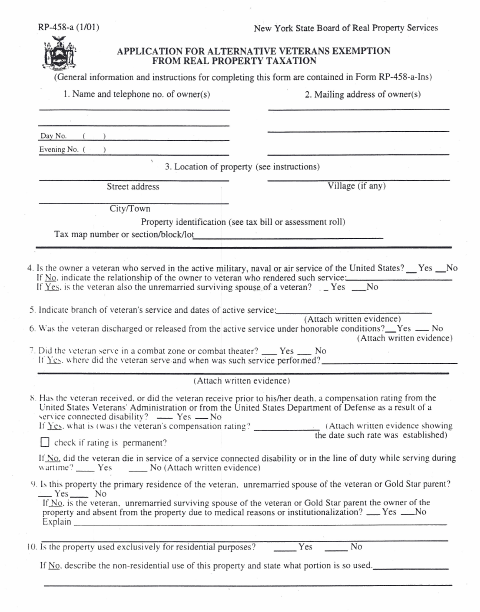 First page of the Application for Alternative Veterans Exemption From Real Property Taxation