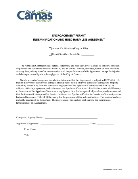First page of the Encroachment Permit Indemnification and Hold Harmless Agreement