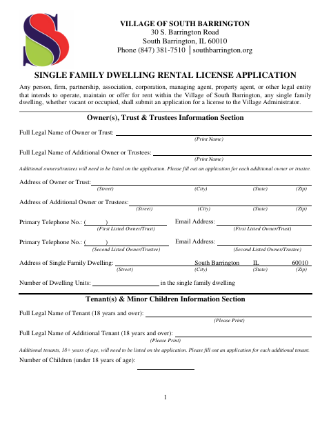 First page of the Single Family Dwelling Rental License Application