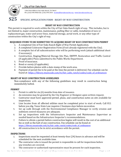 First page of the Right-of-Way Construction Permit Application