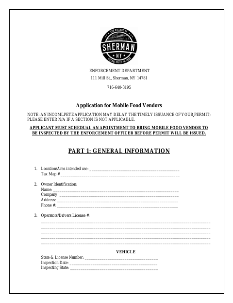 First page of the Application for Mobile Food Vendors