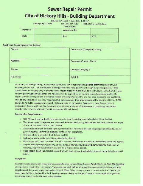 First page of the Sewer Repair Permit