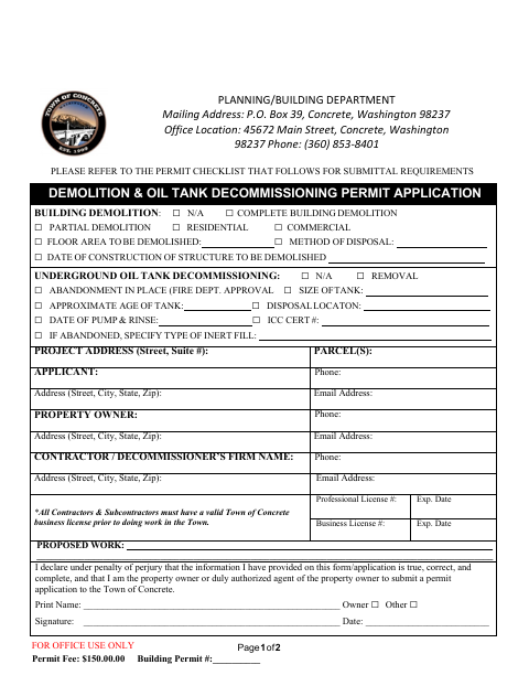 First page of the Demolition & Oil Tank Decommissioning Permit Application