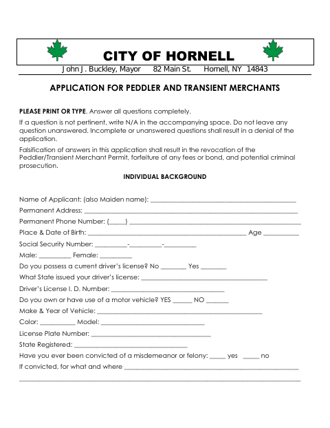 First page of the Application for Peddler and Transient Merchants