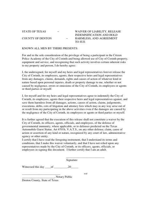 First page of the Citizen Police Academy Waiver of Liability and Release