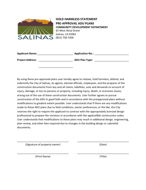 First page of the Hold Harmless Statement for Pre-Approved ADU Plans