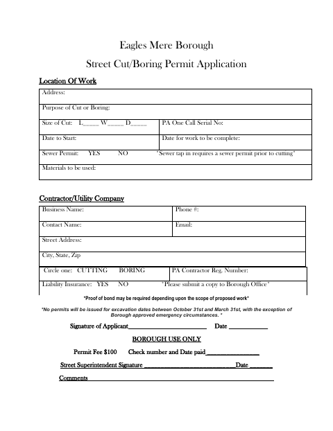 First page of the Street Cut/Boring Permit Application