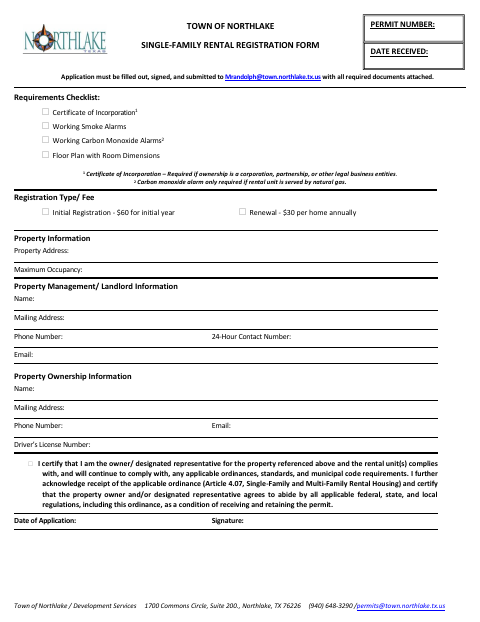 First page of the Single-Family Rental Registration Form