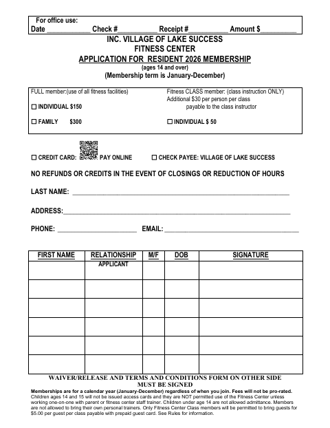 First page of the Fitness Center Application for Resident 2026 Membership