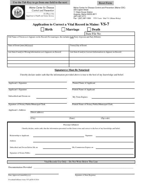 First page of the Application to Correct a Vital Record