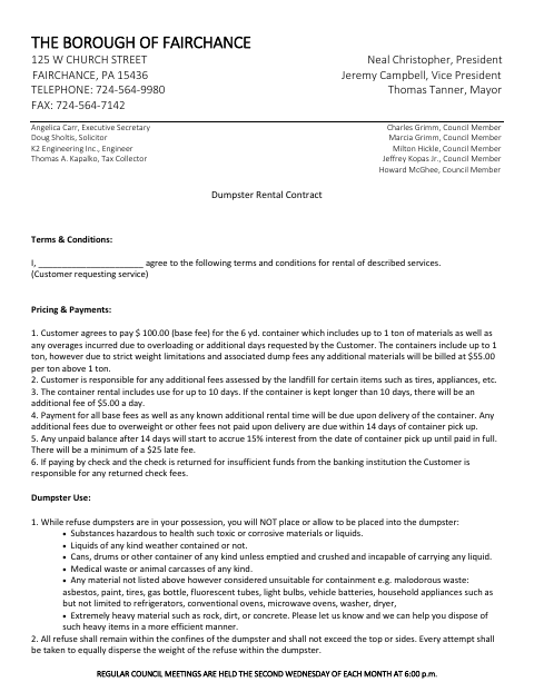 First page of the Dumpster Rental Agreement