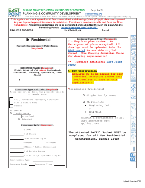 First page of the Residential Building Permit Application With Certificate of Occupancy
