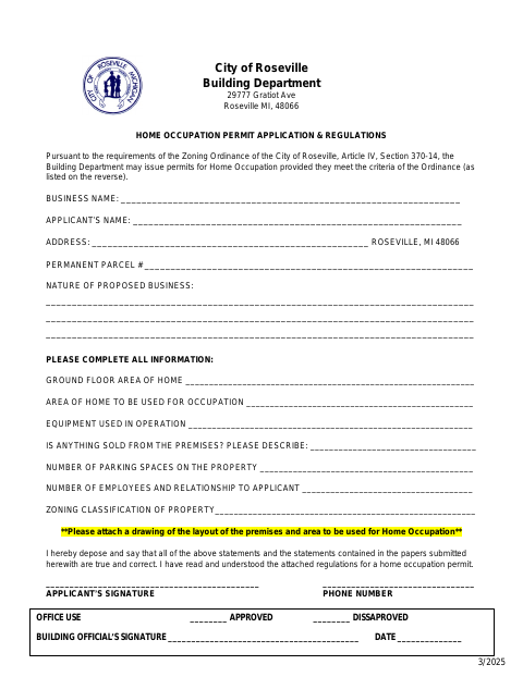 First page of the Home Occupation Permit Application