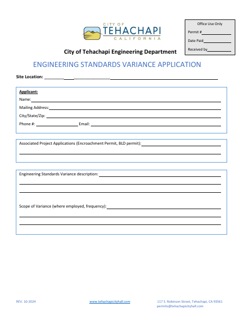 First page of the Engineering Standards Variance Application