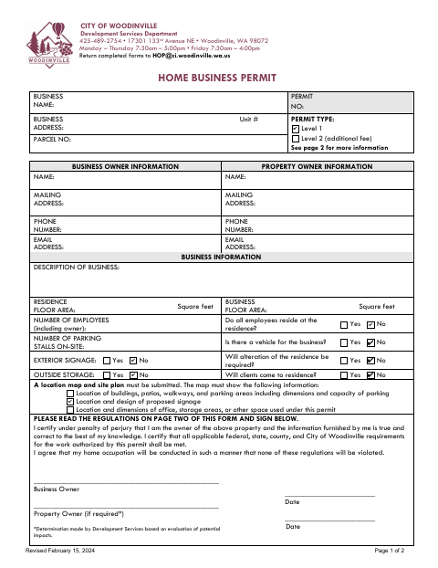 First page of the Home Business Permit