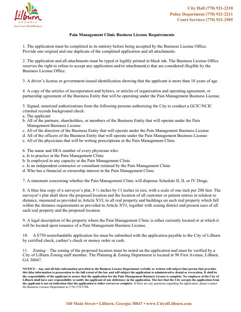 First page of the Pain Management Business License Application