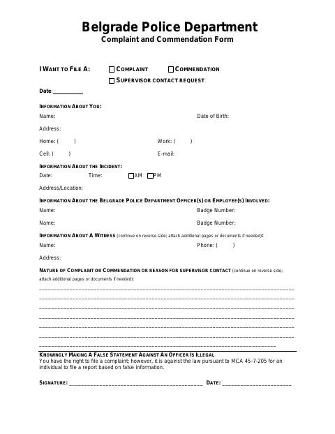 First page of the Police Complaint and Commendation Form