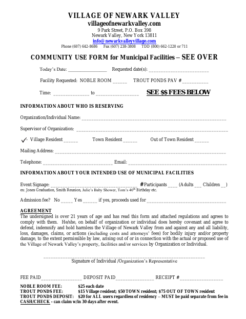 First page of the Community Use Form for Municipal Facilities
