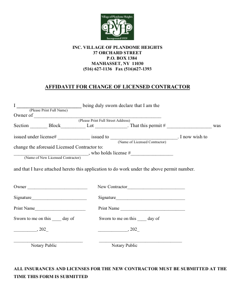 First page of the Affidavit for Change of Licensed Contractor