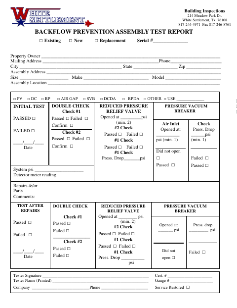 First page of the Backflow Prevention Assembly Test Report