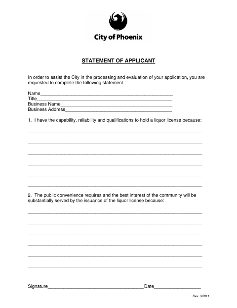 First page of the Liquor License Applicant Statement