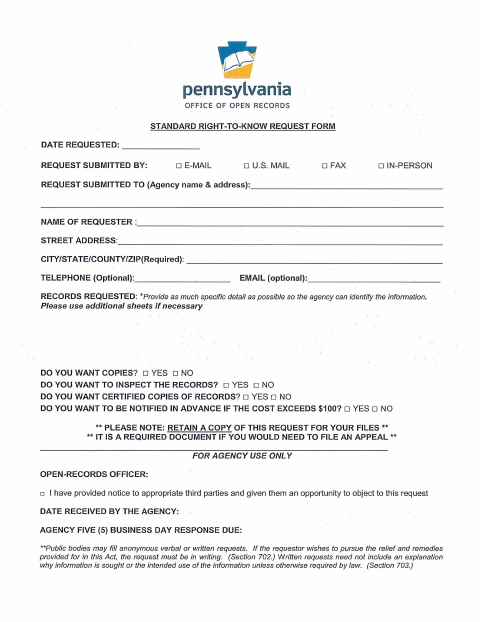 First page of the Right To Know Request Form