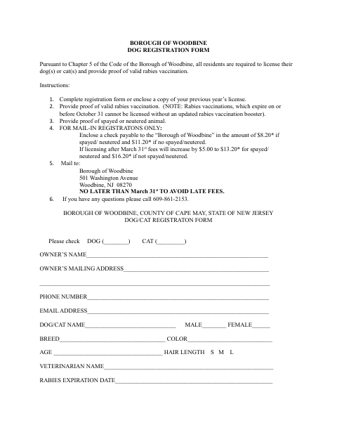 First page of the Dog/Cat Registration Form
