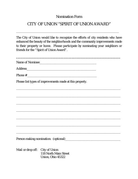 First page of the Spirit of Union Award Nomination Form