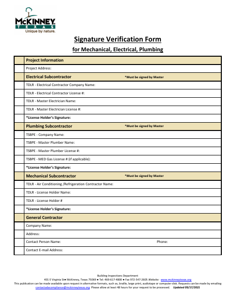 First page of the Signature Verification Form for Mechanical, Electrical, Plumbing