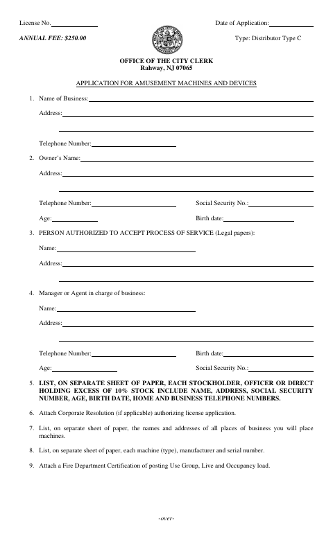First page of the Type C Amusement Machine Distributor License Application