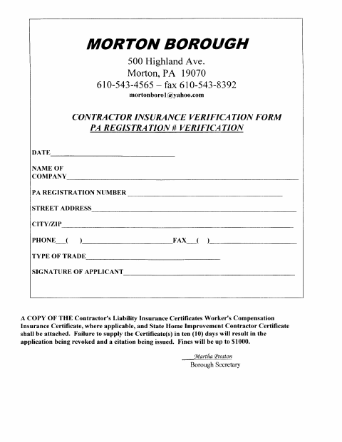 First page of the Contractor Insurance Verification and License Application