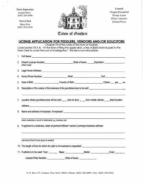 First page of the License Application for Peddlers, Vendors and/or Solicitors